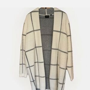 White & Gray Plaid Open Cardigan XS | Cozy Neutral Layering Sweater